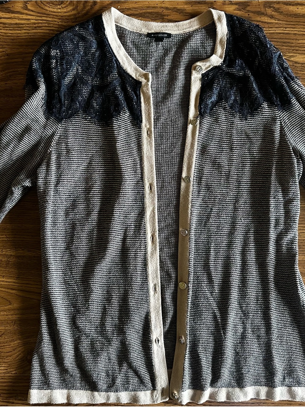 Ann Taylor Black and Cream Striped Cardigan with Lace Yoke
